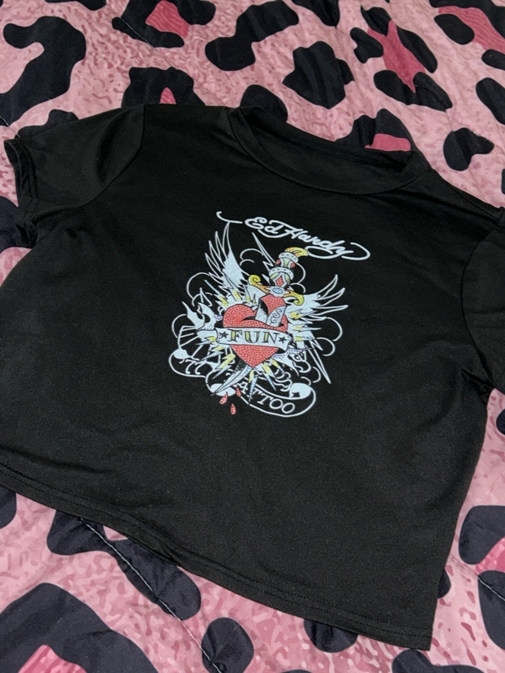 Ed Hardy inspired Black Short-Sleeve Tee with Red Heart Tattoo Graphic